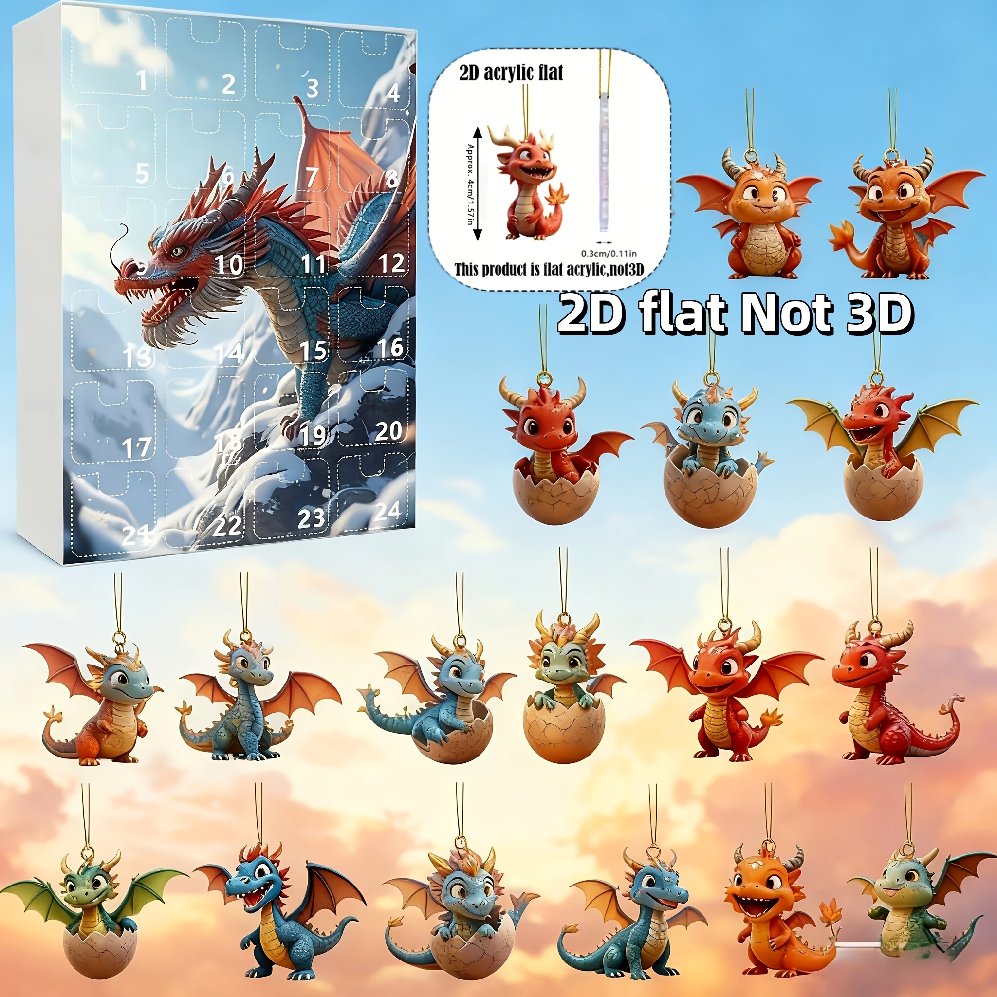 TEMU Calendrier de l'Avent de Noël sur le thème du dragon, plat 2D, 1 ensemble, avec de multiples pendentifs de dragon aux et aux designs uniques.