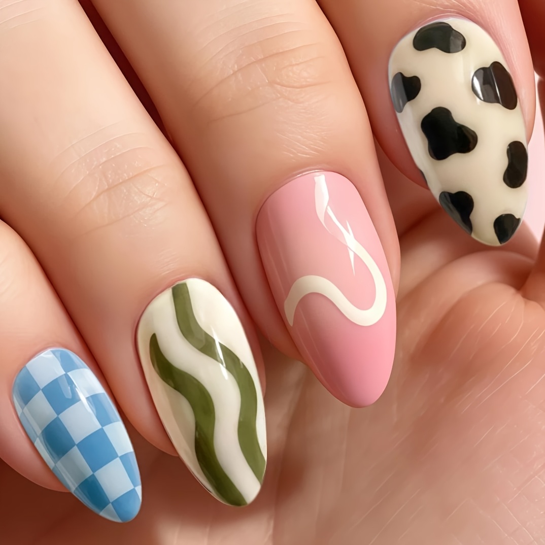TEMU 30pcs. New Dopamine Almond Press-on Nails, Cute Retro Style, Glossy Fake Nails With Cow Print Checkerboard Design. Easy Application & Removal.