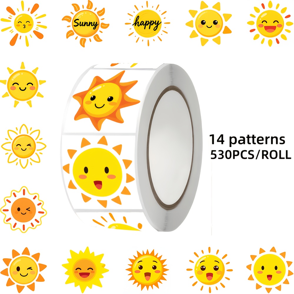 TEMU 530pcs Sun-themed Stickers, 14 Designs, Suitable For Laptops, Tablets, Notebooks, Envelopes, Gift Boxes, Luggage And Other Decorations, Ideal