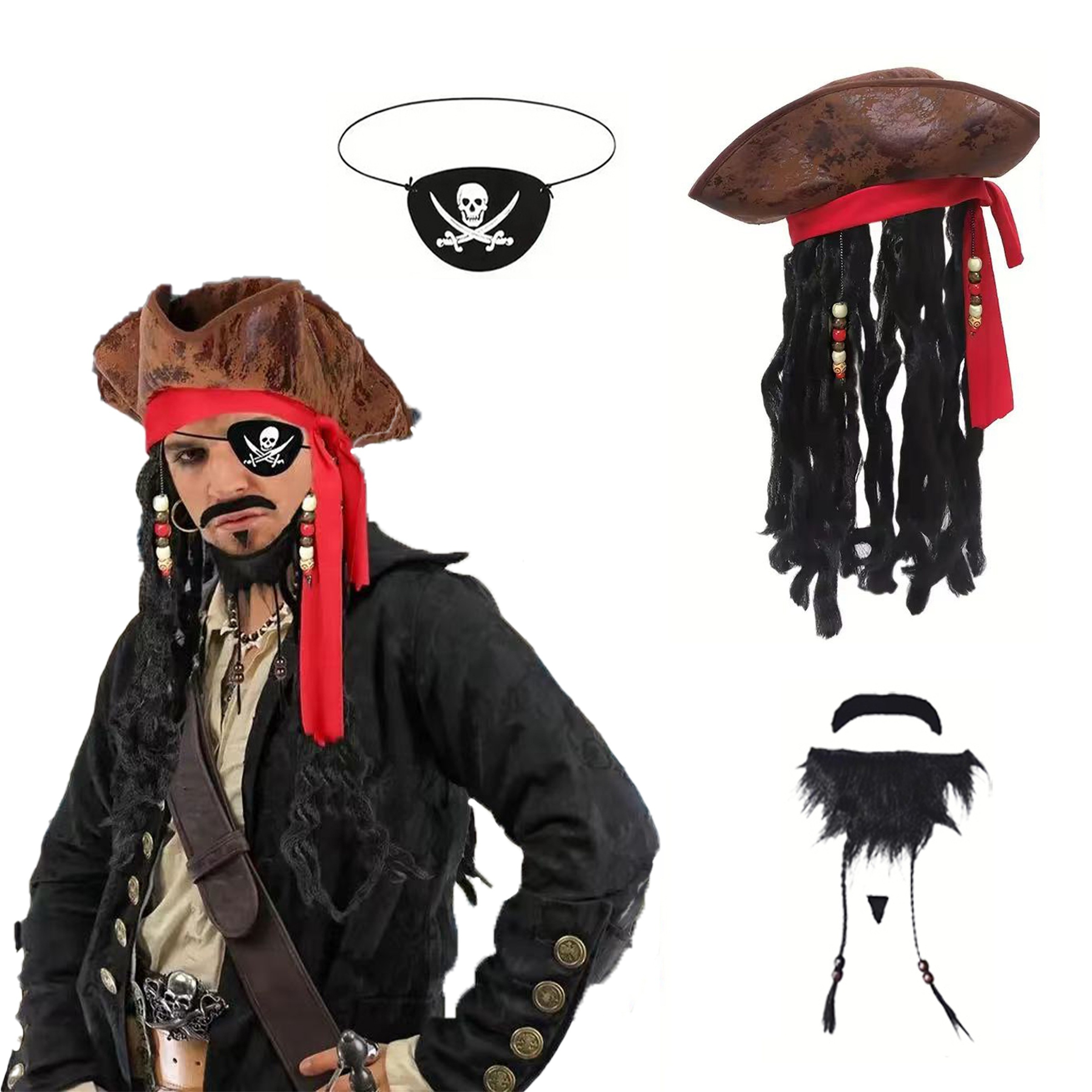 

3pcs Unique Tassel Hat, Skull Eye Patch, Beard Costume, Suitable For Halloween, Christmas, Masquerade And Other Party Role-playing Accessories