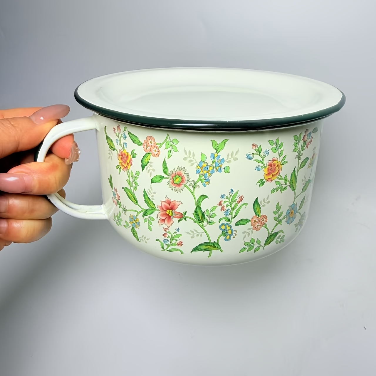 Image of 1pc, Thickened With Lid Vintage Floral Enamel Porcelain Bowl - Perfect For Soup, Rice, Noodles, Meat Pies, Salads, And More - Durable And Stylish Tableware