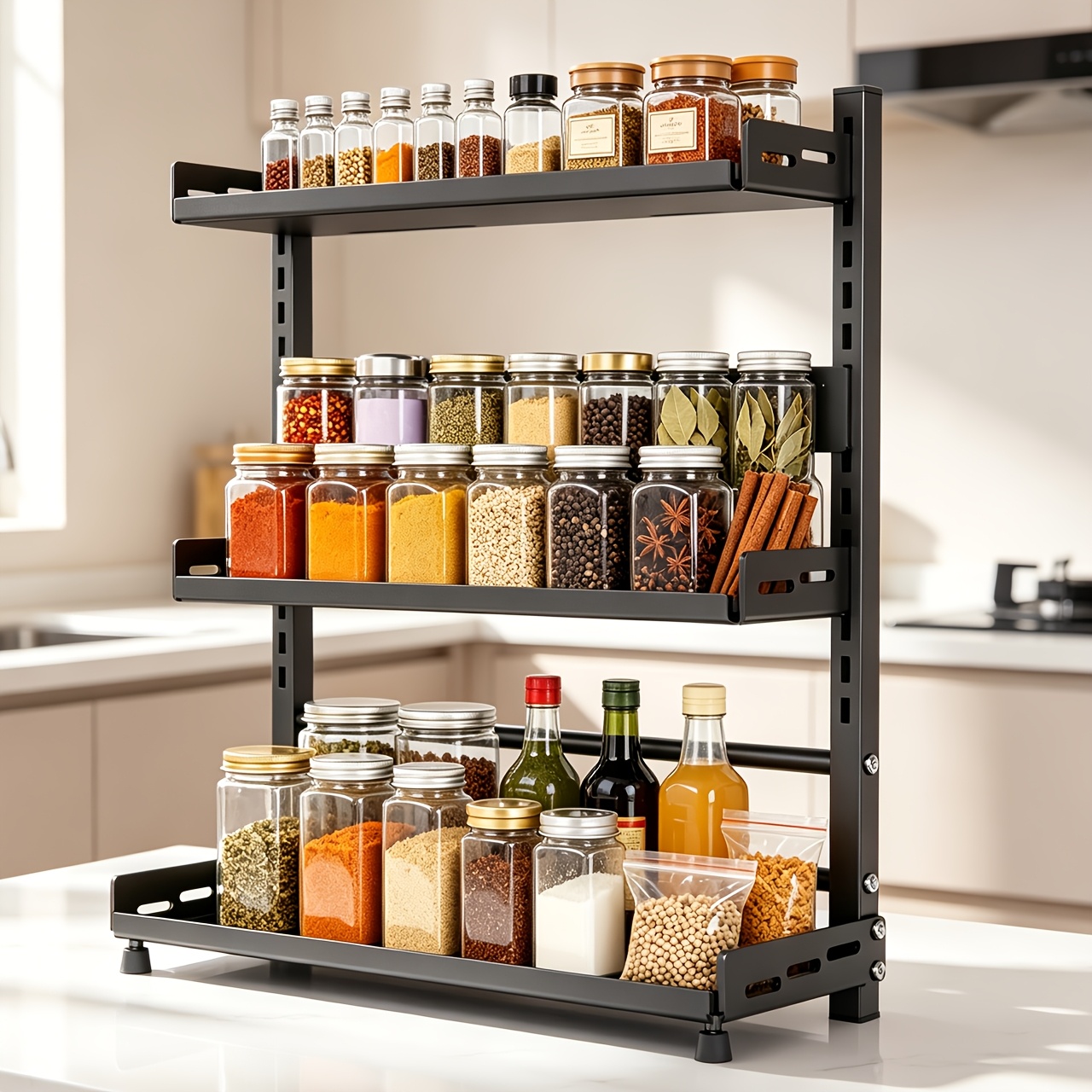 TEMU 3 Tier Adjustable Spice Rack Organizer, Metal Countertop Storage Shelf With And Knife Holder, Multi-functional Kitchen Bathroom Counter Shelving