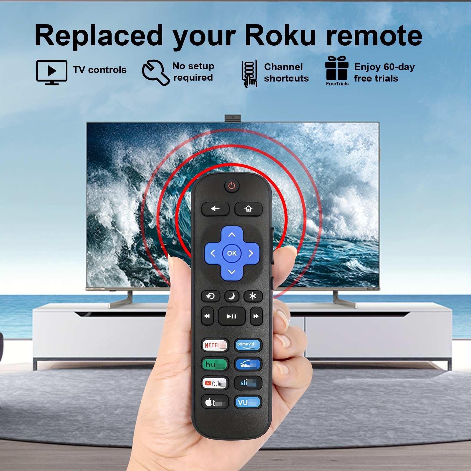 Rokuテレビ用の8つのショートカットボタン付きのユニバーサルリモコン