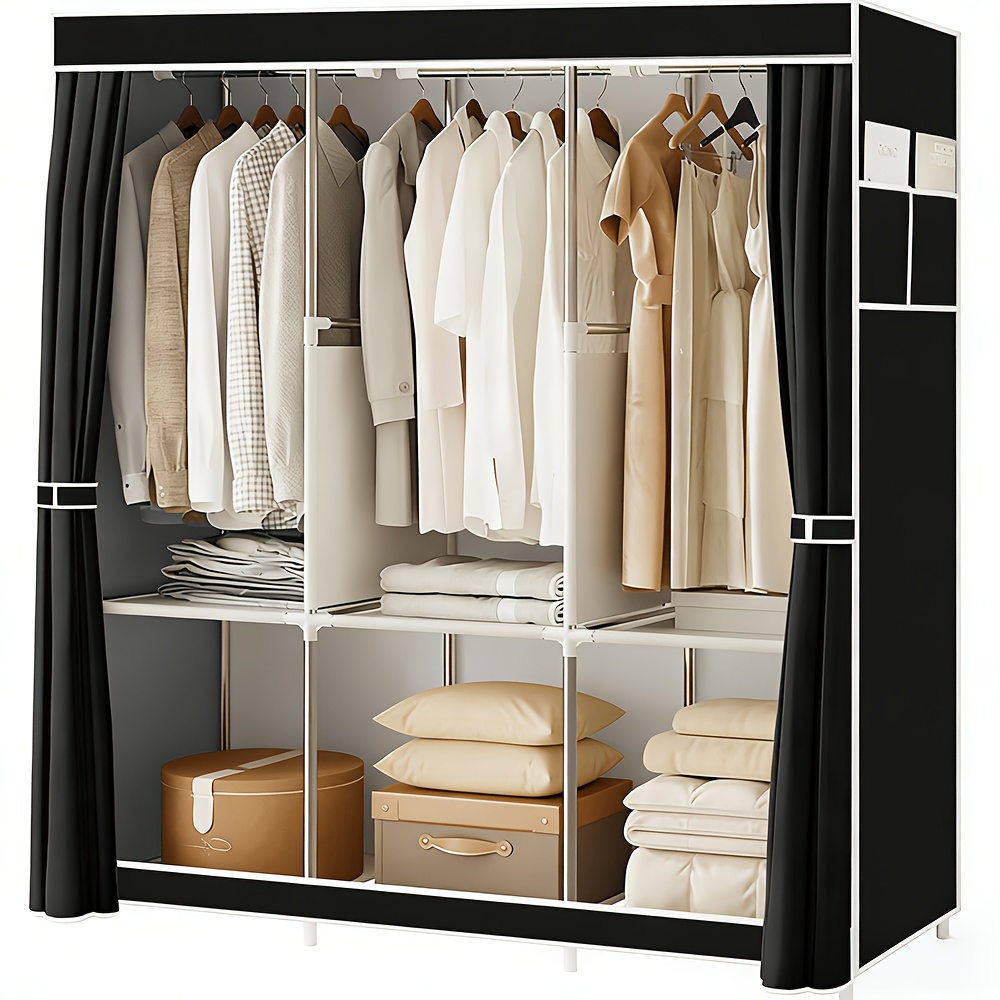 TEMU Large Fabric Canvas Wardrobe With Hanging Rail Shelving Clothes Storage Cupboard, Portable Closets