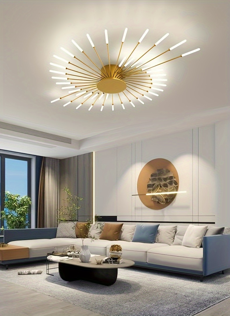 Modern Minimalist Warm White LED Ceiling Light with 42 Golden Firework Design - Sleek Metal Acrylic Fixture for Living Room, Dining Room, Bedroom - No Remote or Switch Included, Living Room Decor | Minimalist Light Fixture | Acrylic Diffuser
