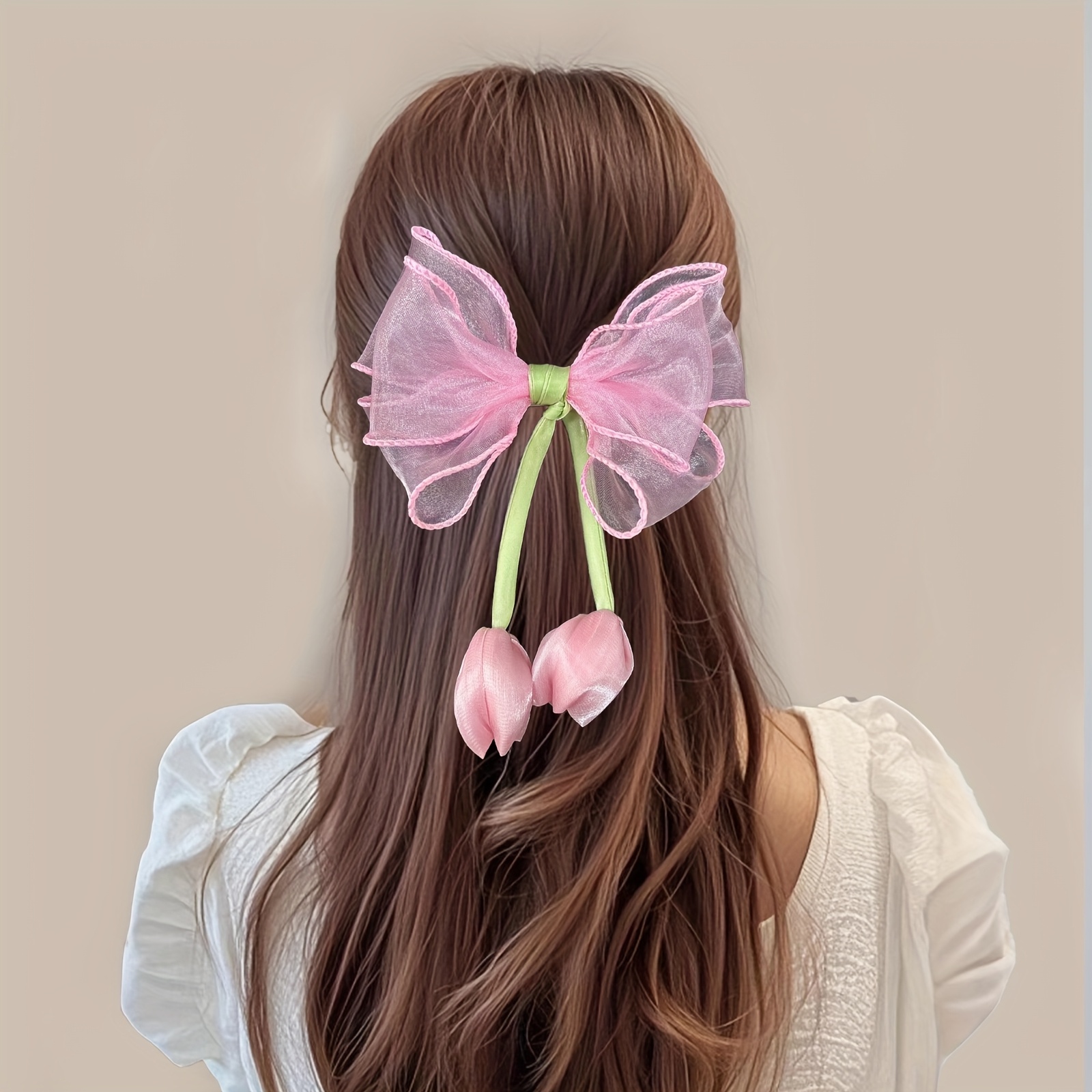 1pc bowknot tulip hair clip long tail ribbon mesh bow - Temu
