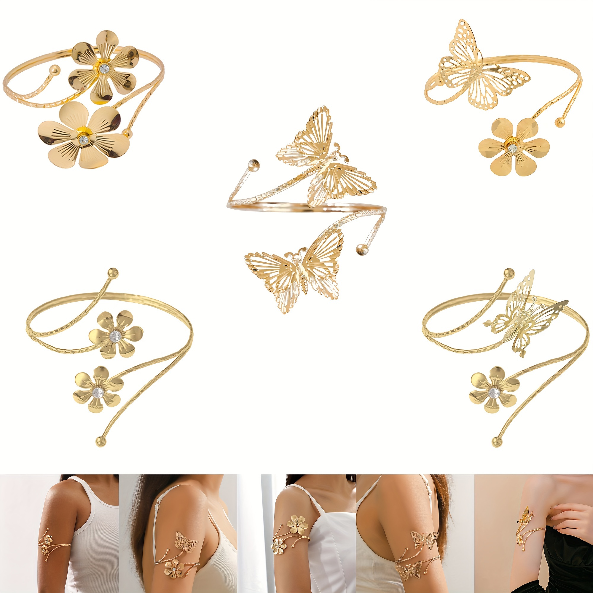 

5pcs Golden Arm Cuff Set For Women Butterfly Arm Bracelet Animal Plant Theme Arm Open Bracelet Adjustable Arm Bangle Fashion Body Jewelry Flower Open Armlet For Women Girls