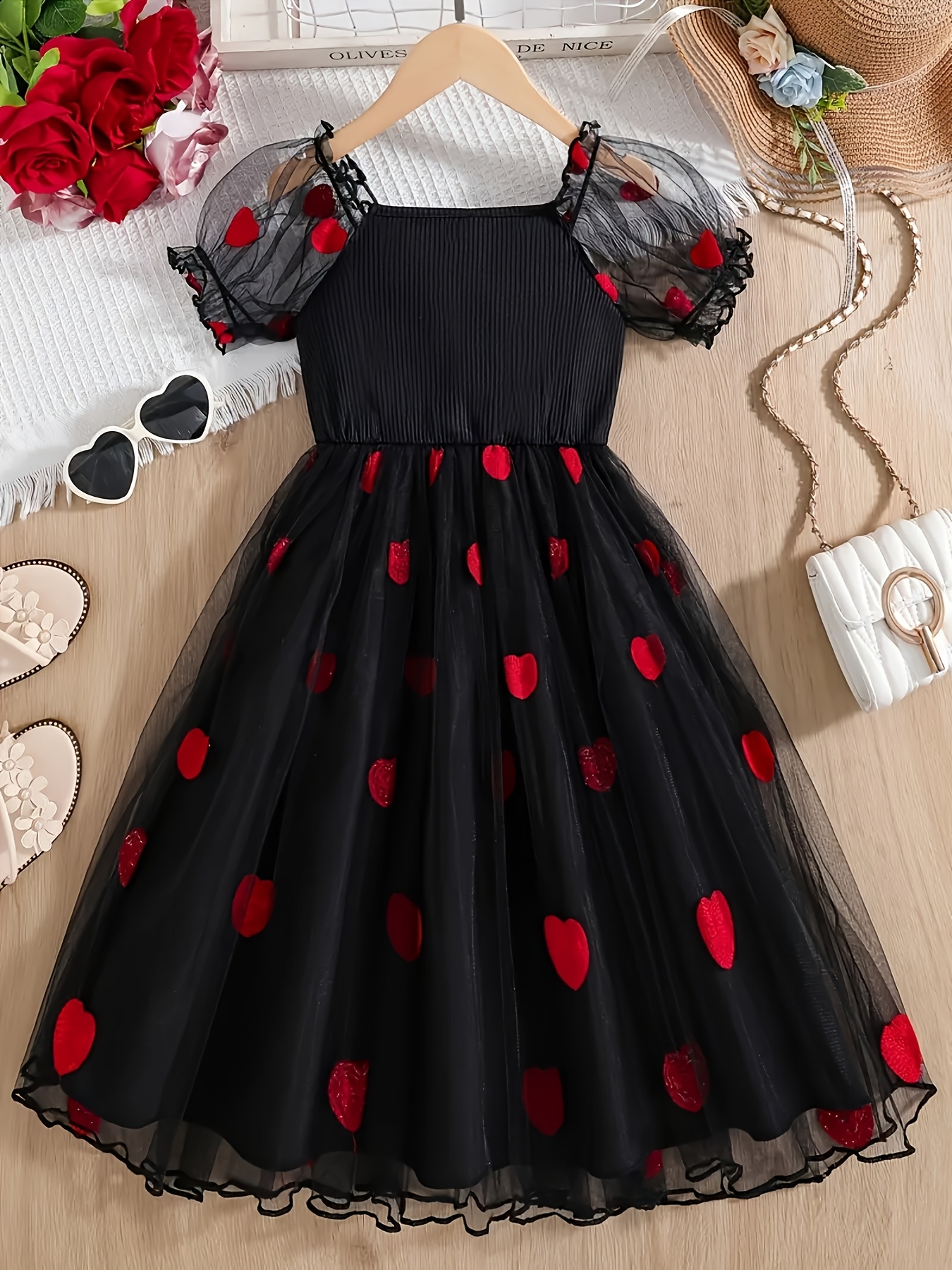 girls black red heart mesh overlay dress a line silhouette - Temu Oman