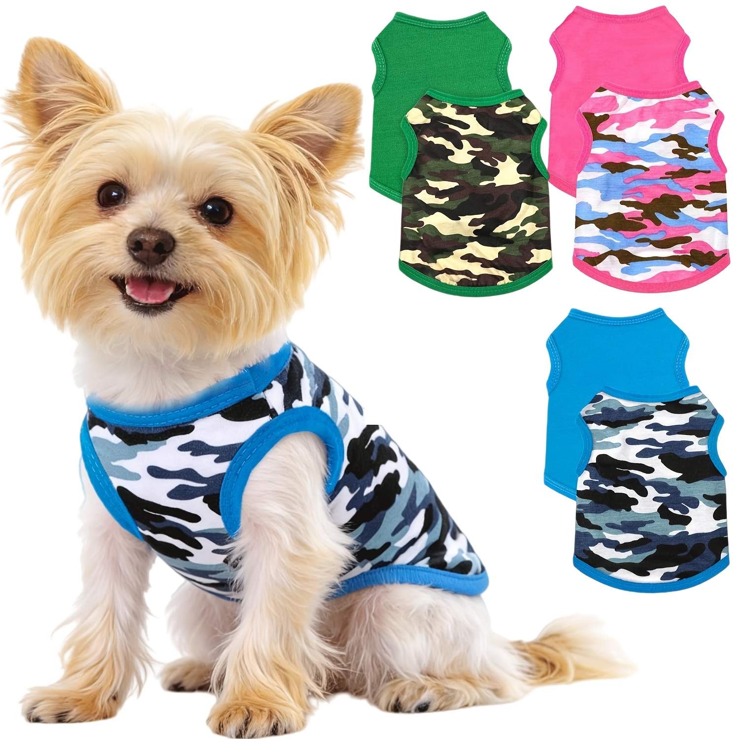 2pcs Chihuahua Clothes Summer Dog Shirt Suitable for Small Dogs Soft Puppy Outfit Camouflage Pattern Breathable Pet Apparel for Yorkshire Terrier Shih Tzu Cats XXS~M Blue Pink Green - Image 2