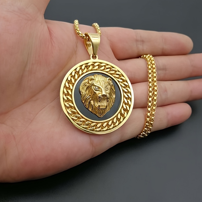Image of A Hip-hop Trendy Rock 3d Pendant Necklace, Round Medal Necklace Sweater Chain, With Cuban Chain Decoration, Black Oil Design, Jewelry Additions