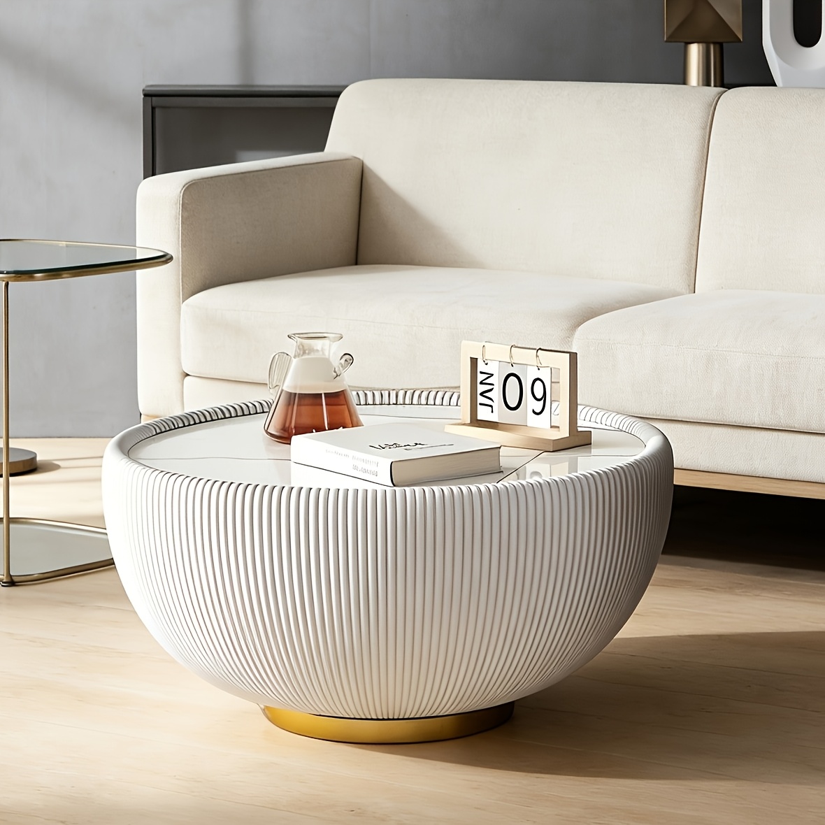 Image of Light Luxury Vertical Stripe Bowl-shaped Round Coffee Table, Rock Slab Tabletop, , Cream Style, Small Apartment Living Room, Pleated Texture Floor Coffee Table