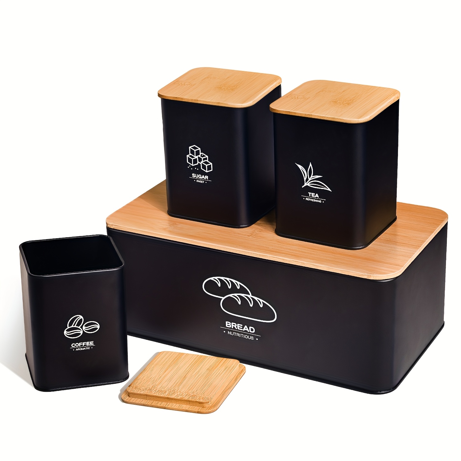 Metal Bread Box Suitable For Kitchen Countertops, With Coffee Sugar Storage Box, Covered Kitchen Bread Box And Jar Set, Jar, With Lid, Can Hold Bread, Large Capacity