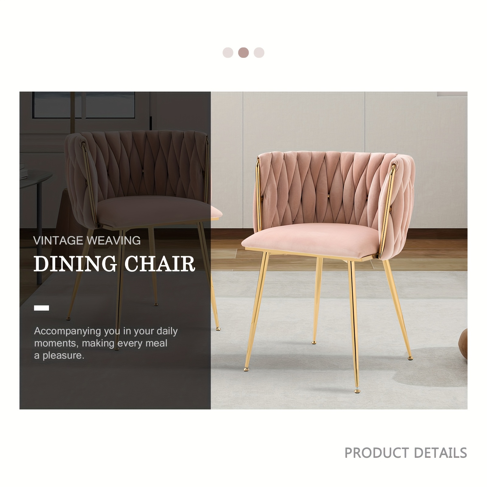 Velvet Dining Chairs Set Of 2, Accent Chairs With Golden Metal Legs, Woven Upholstered Dining Chairs For Living Room/Bedroom/Kitchen