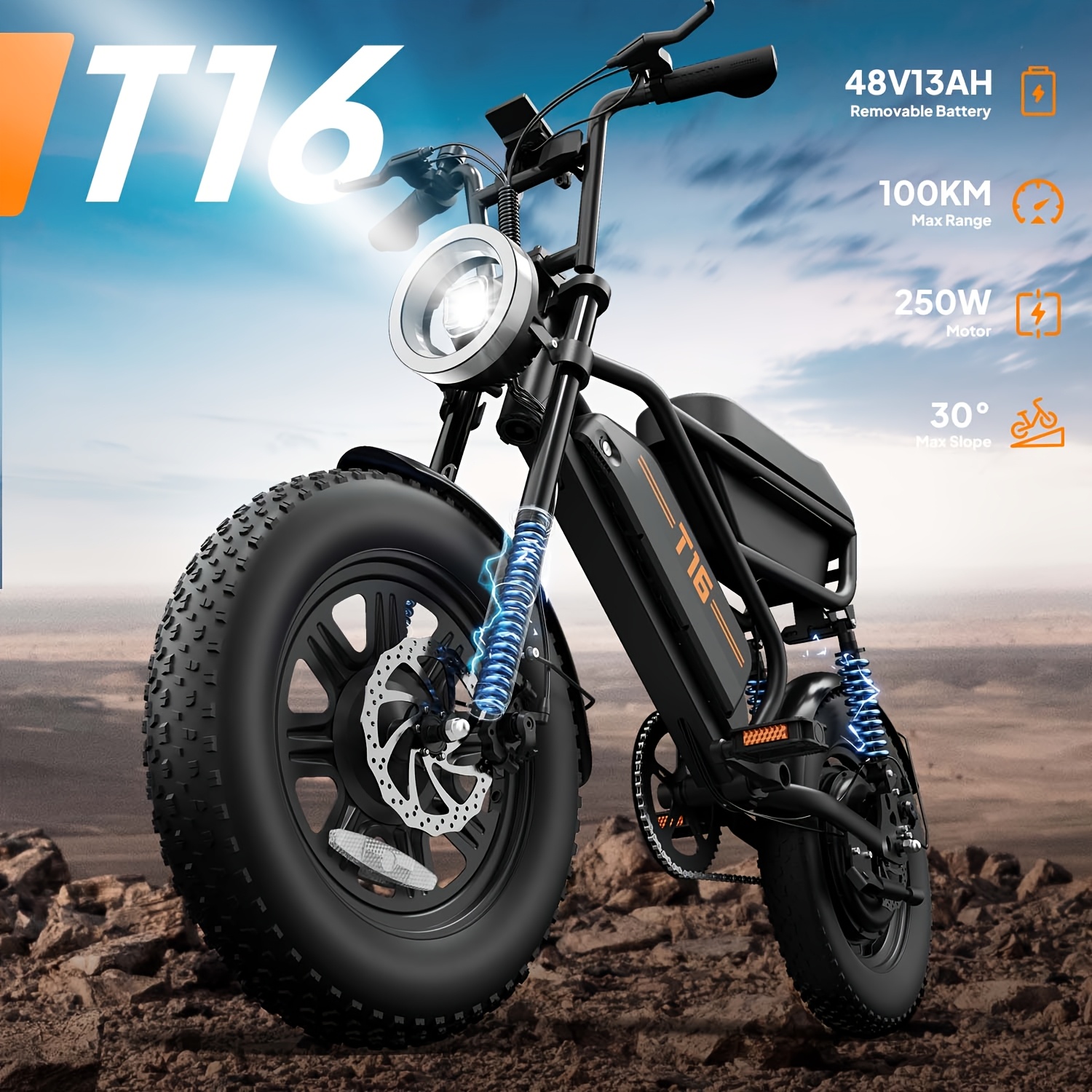 Image of T16 Electric Bike It: 48v 13ah Battery For , 250w Motor. 16*3.0" Tires & Full Suspension Rough . Storage Box Holds , Lights At Night