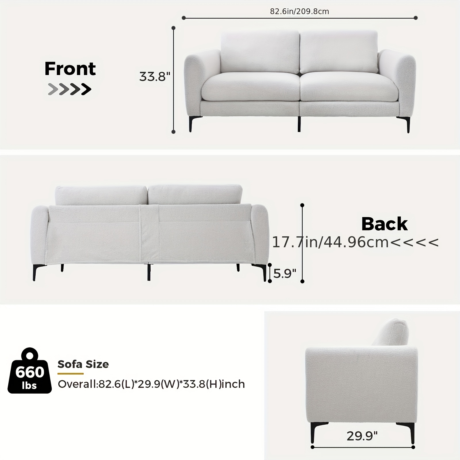 modern white teddy velvet 3 seater sofa contemporary lightweight multi person couch for living room bedroom or office durable comfortable with black angled legs high density foam and stylish design sofa for living room details 1