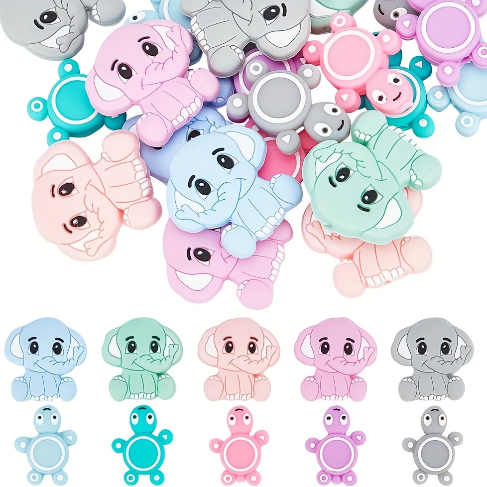 

10pcs Vibrant Turtle & Elephant Silicone Beads Set - Pastel Colors For Diy Keychains, Necklaces, Bracelets | Cute Animal-themed Craft Supplies, Turtle Jewelry