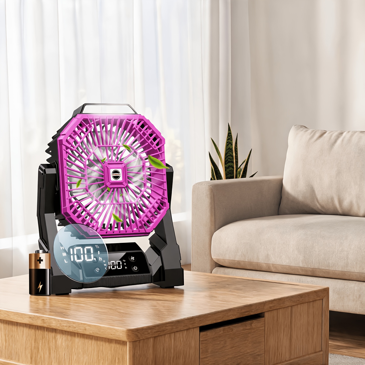TEMU Portable Circulating Fan Blade Camping Fan | With Led Light, 20, 000mah Rechargeable Battery, Led Digital Display, , Timer, Rotating Hook,