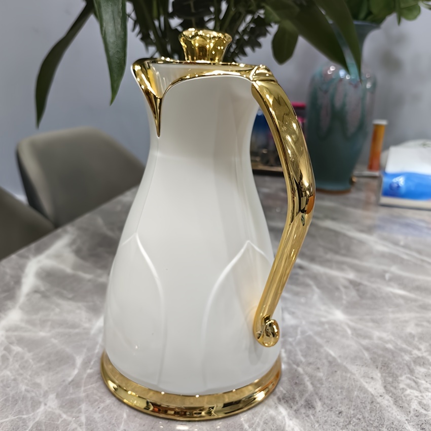 elegant double walled insulated coffee carafe with golden   white ceramic thermal   vacuum sealed for hot cold beverages ideal for tea coffee enthusiasts coffee bar accessories details 8