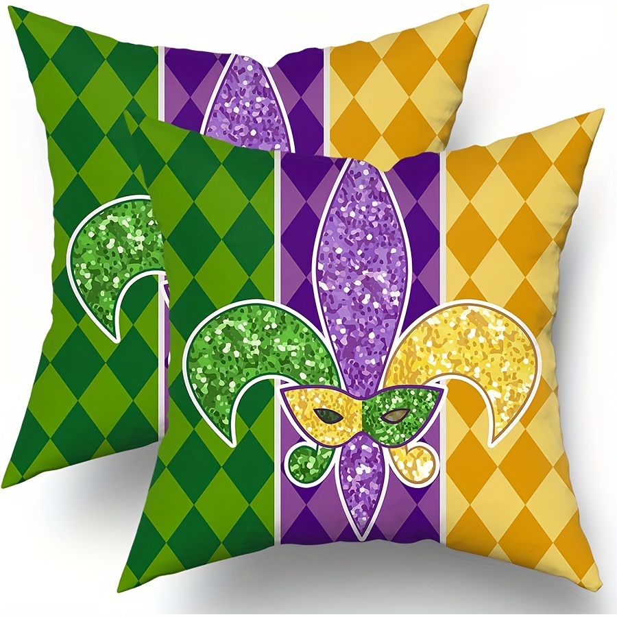 

2-pack Mardi Gras Polyester Throw Pillow Covers, 18x18 Inch, Contemporary Style, Machine Washable, Zippered, Decorative Sofa Cushion Cases With Fleur And Masquerade , Versatile Home Decor