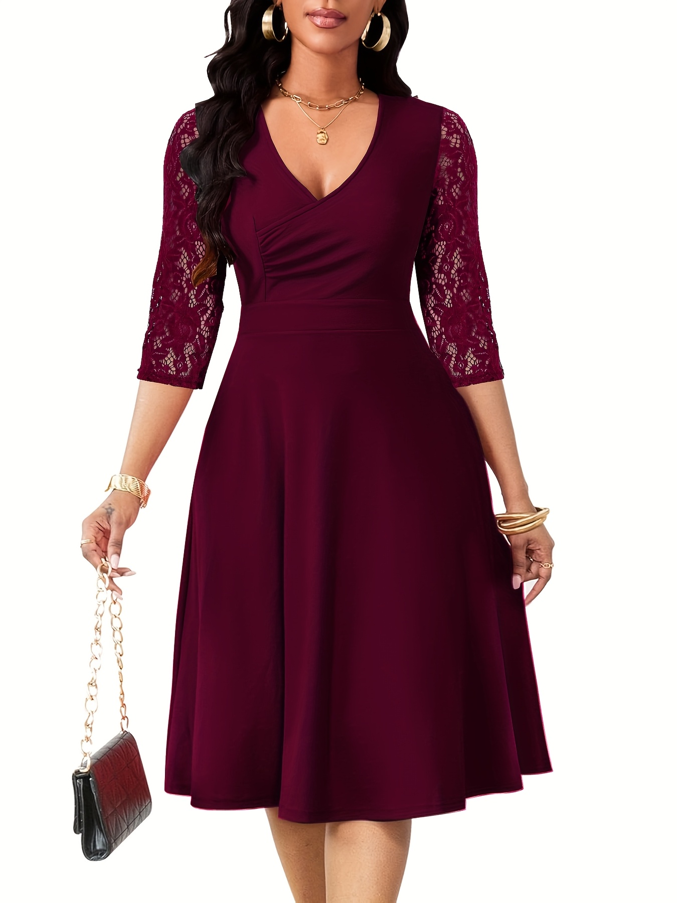 A-Line Dress with V Neck And Lace Sleeves for Women, Perfect for Weddings And Cocktail Parties