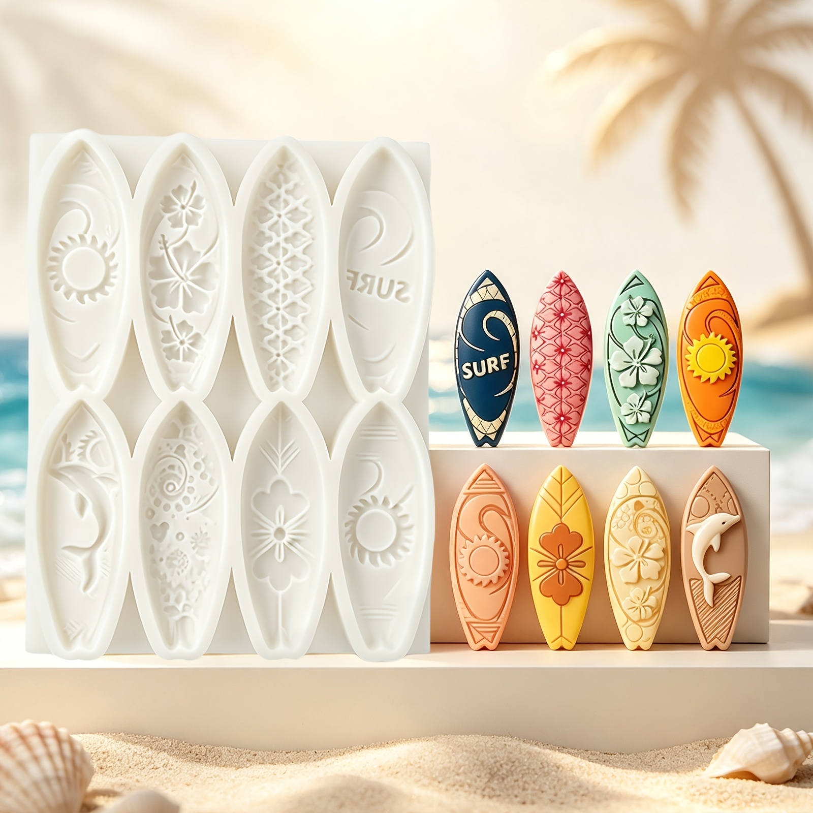 TEMU 1 Patterned Surfboard Decoration Silicone Mold, Tropical Flower Dolphin Print Chocolate Fondant Mold, Creative And Multifunctional Mold, Diy