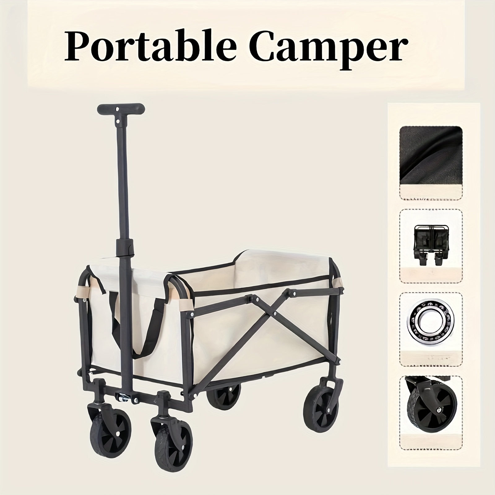 

Compact Folding Camping Cart - Waterproof, Adjustable Large Capacity, Wheels, Heavy-duty Wagon With Extendable Handle - Ideal For , Hiking, Vacations & - In Cream/black