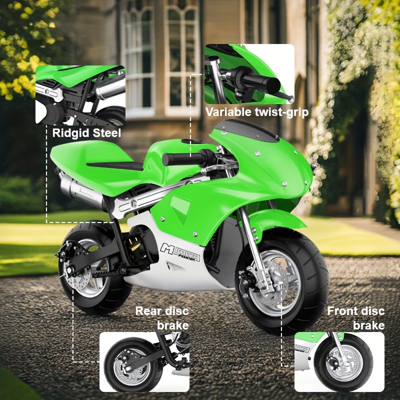 49cc Gas-Powered Mini Dirt Bike For Kids & Adults – 2-Stroke Engine, 10" Wheels, Disc Brakes, Max 40 Km/h, Green