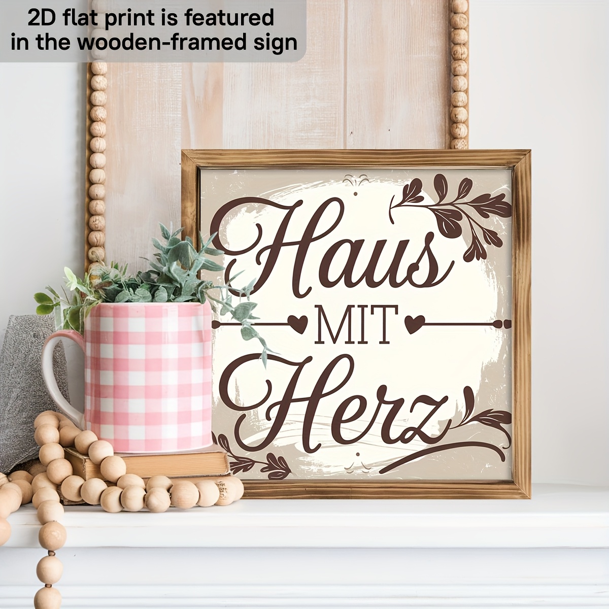 Image of 2d Flat, 1pc, German Rustic House With Heart Wooden Frame Sign Wall Decoration, Vintage Style Wall Decor For Living Room, Bedroom, Farmhouse, Kitchen, Office, Desktop Decorative Sign, 8x8 Inch