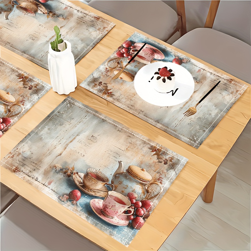 Vintage Tableware Pattern Placemats Heat Resistant Non Slip Mats_voghion.com
