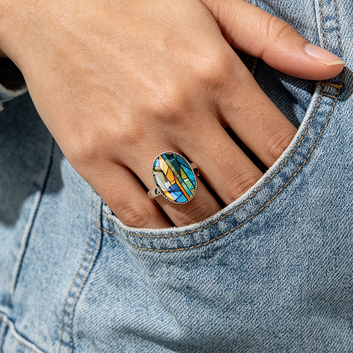 Women's Stained Glass Geometric Oval Open Ring, Classic Style