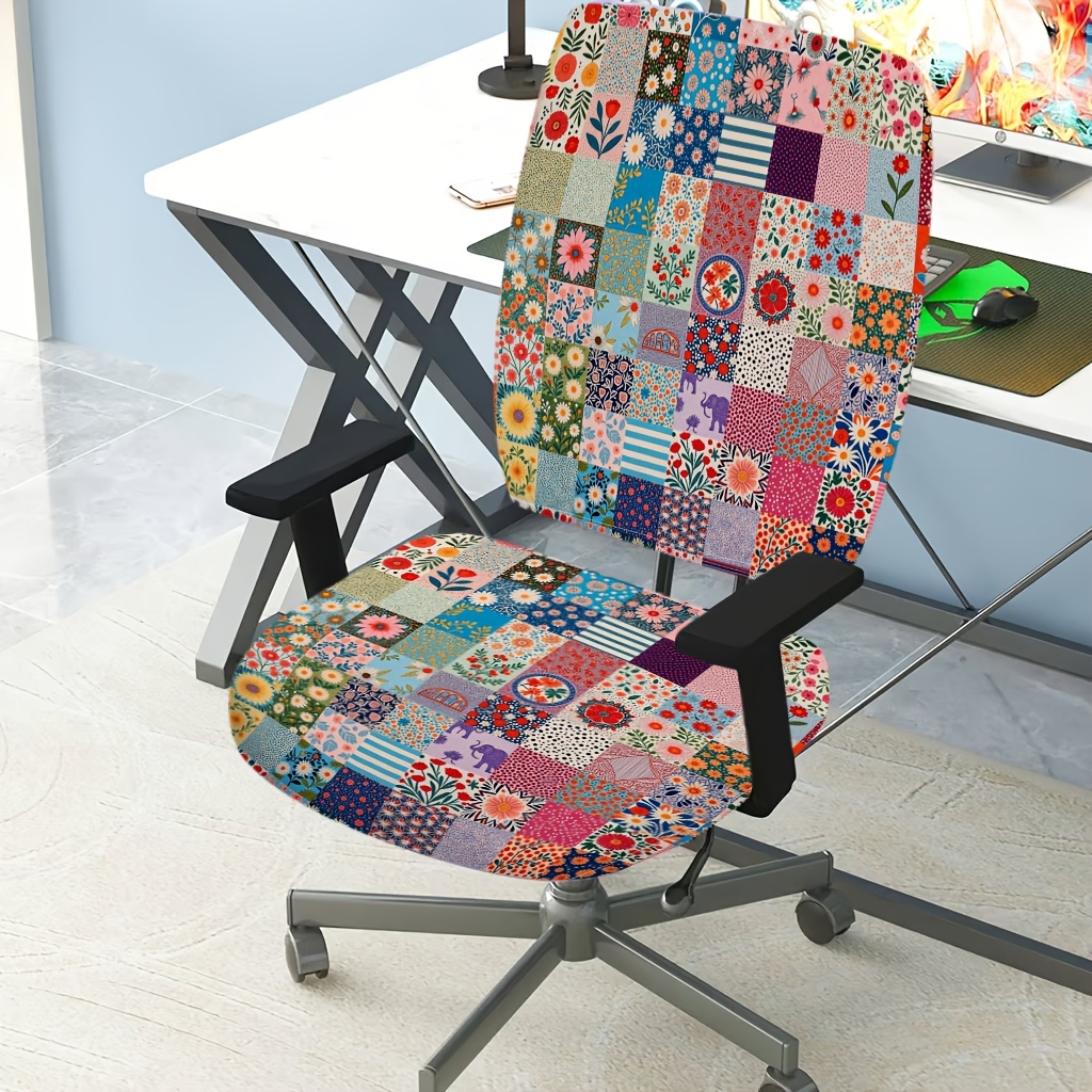 TEMU Parure de 2 housses imprimées pour chaise de bureau, patchwork coloré de divers floraux et géométriques, protège-siège pour chaise de gaming,