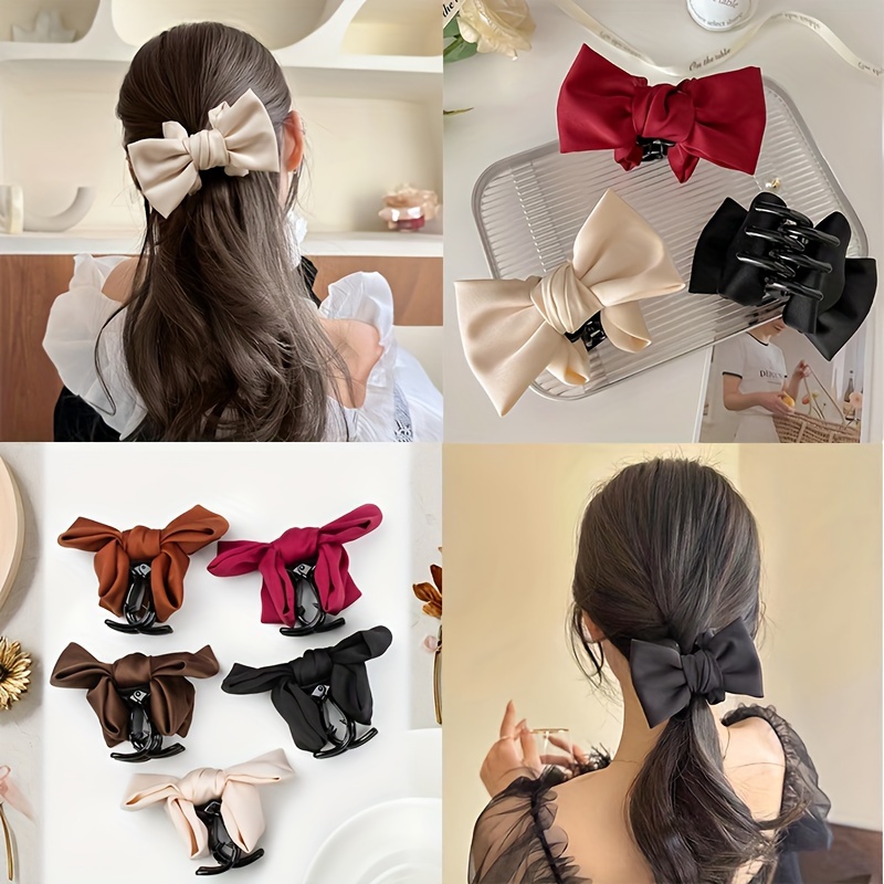 

1pc Elegant Bowknot Decorative Hair Claw Clip Vintage Non Slip Hair Grab Clip For Women And Daily Use Wear, Khaki, Ponytail, Black