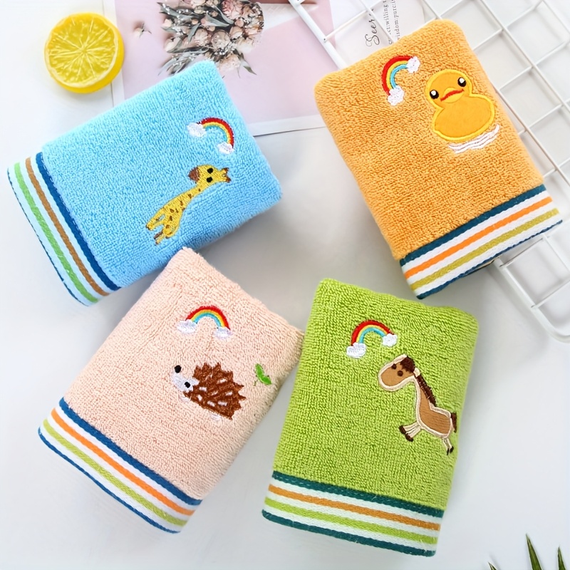 4-pack Cartoon Embroidered Hand Towels, 100gsm All- Knit Fabric, Hypoallergenic, Contemporary Style, Hand Wash Only, Oblong Shape, 100% For Kindergarten & Home Use