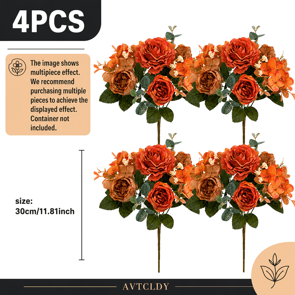 TEMU 4 Bunches Of Caramel Brown Vintage-style Artificial Rose Bouquets, Autumn Warm- Faux Floral Arrangements With Small Orange Flowers, Suitable For