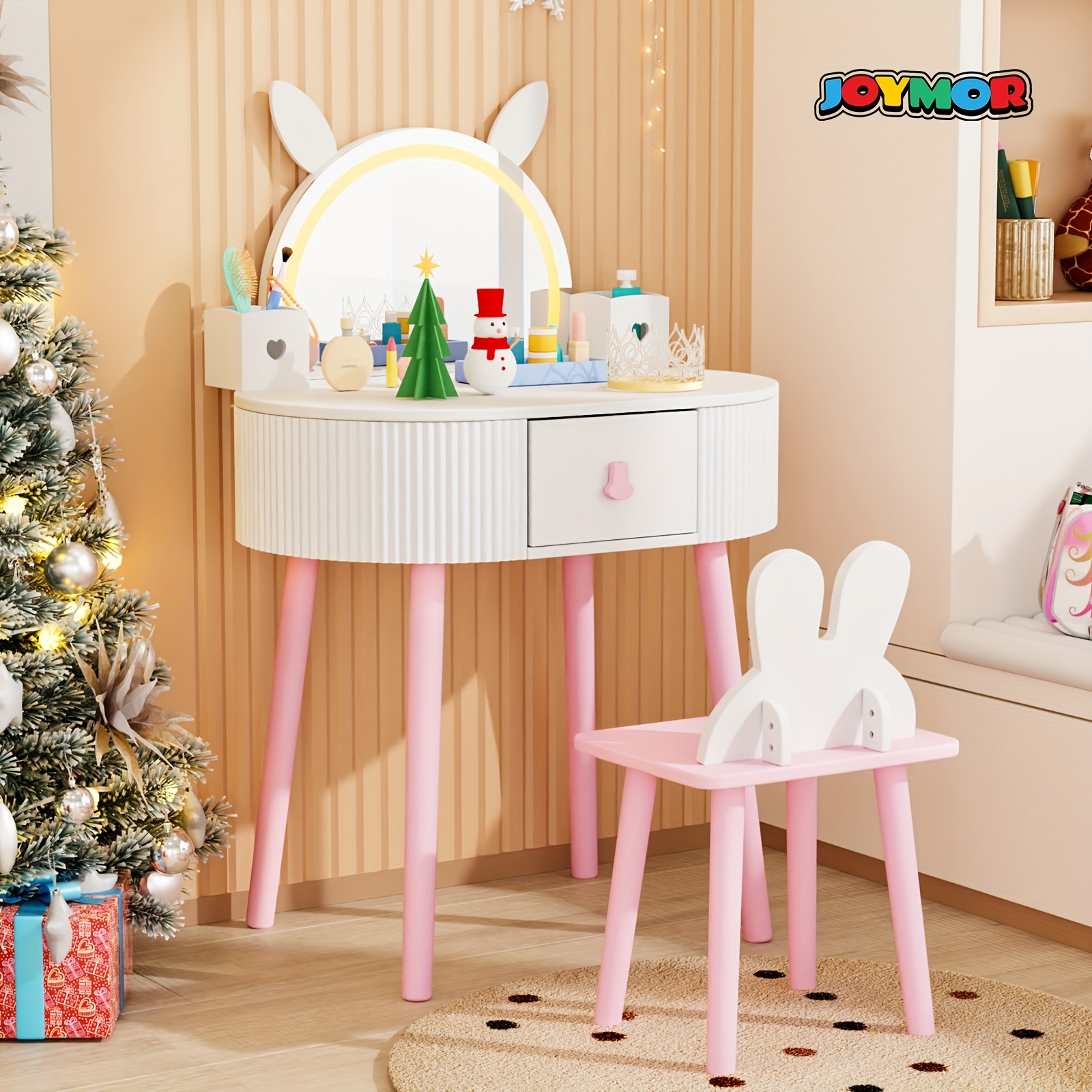 JOYMOR Kids Vanity Set with LED Lights, Girls Vanity Set, with Touch Screen, 3 Colors Adjustment, Solid Wood Leg, Large Drawer, 2 Storage Boxes, Kids Vanity Table and Chair Set, Birthday/Festival Gift for Girls, Animal Style