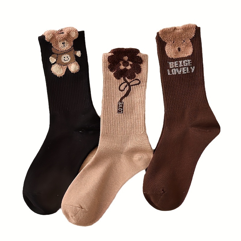 TEMU 3pcs Cute Bear & Floral Mid-calf Socks - Breathable, All