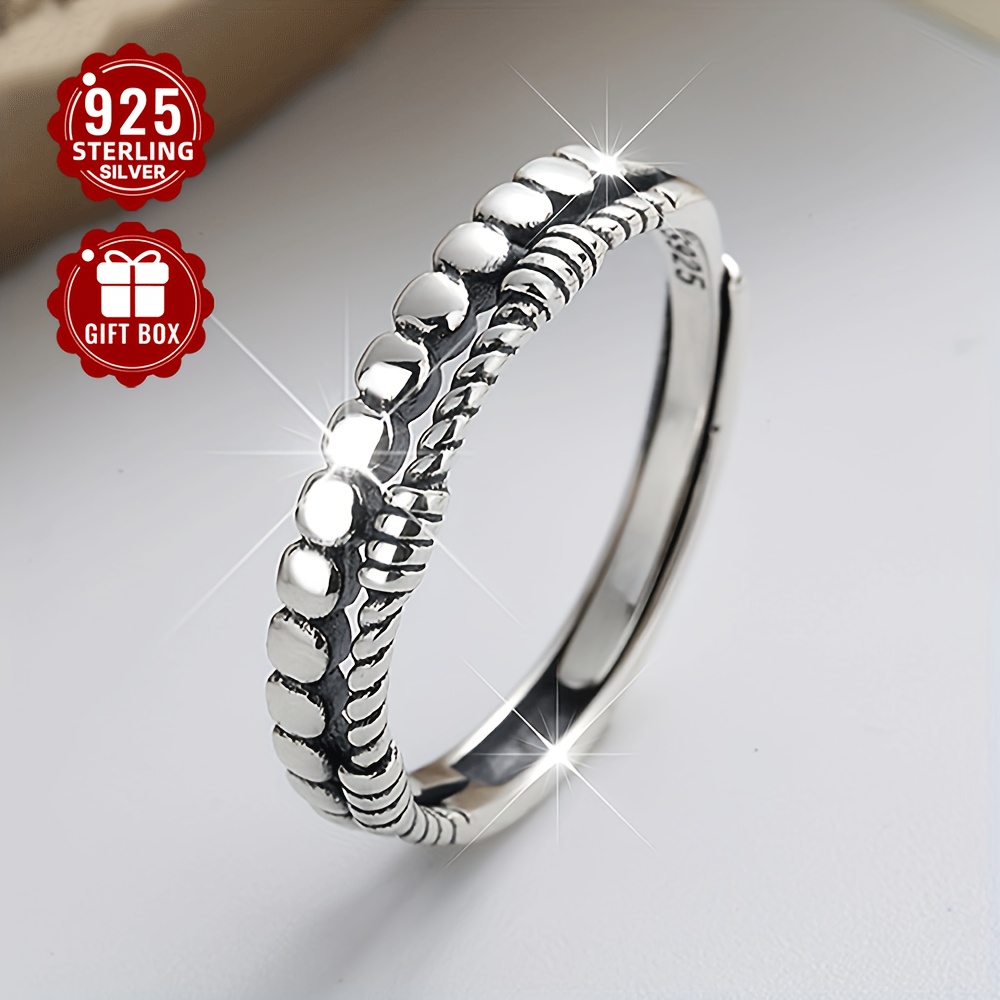 S925 Pure Silvery Retro Geometric Chain Ring, Unique Gift