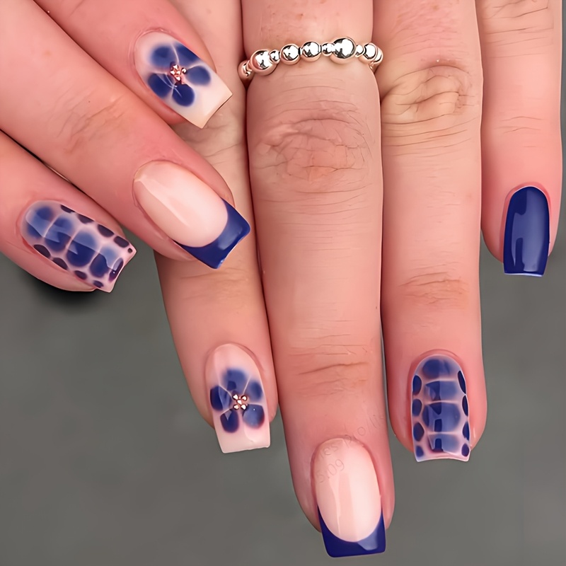 24pcs Medium Square Shape Press On Nails Full Coverage Tip Fake Nails With Petals It Includes 1pc Of Sanding And 1pc Of Jelly Glue Press On Nails Kit Add Charm To Women