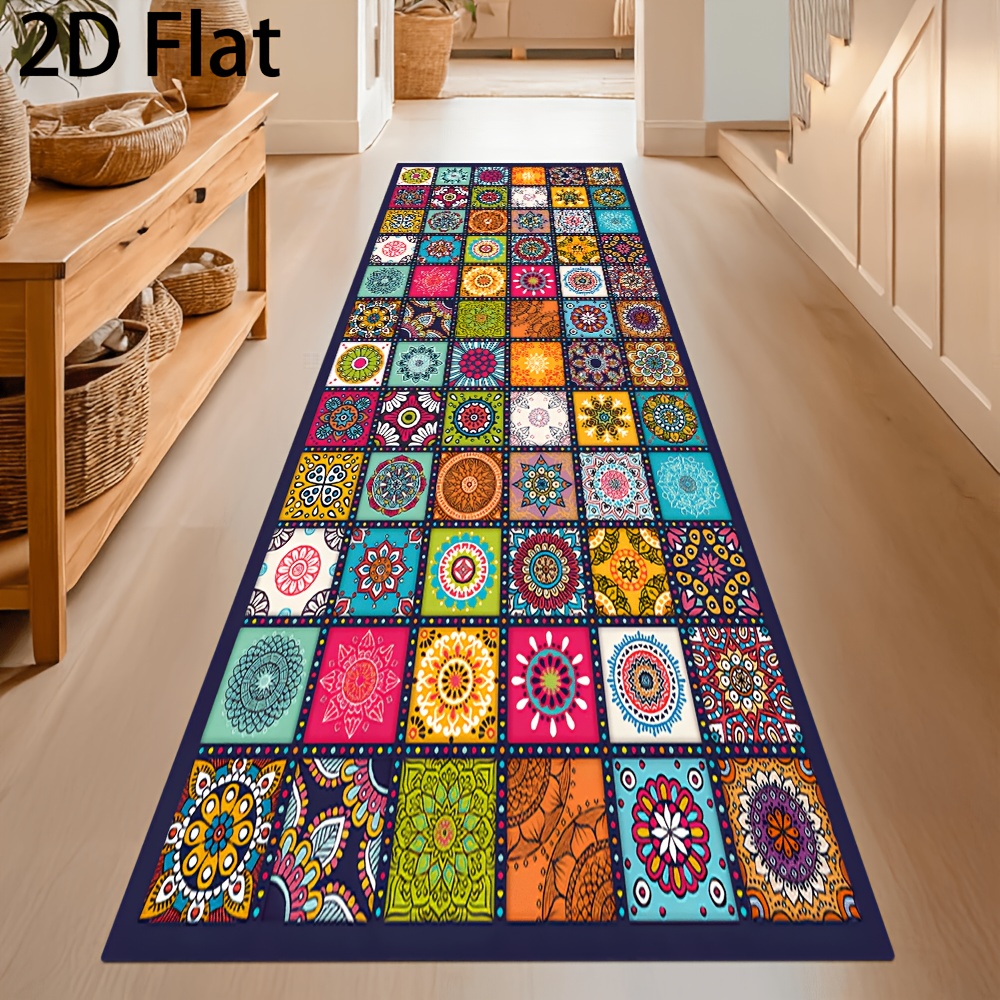 Chic Modern Kitchen Mat With Vintage Mandala Print - Soft, Non-slip Runner Rug For Dining, Bar, And Laundry Room - Machine Washable Polyester Home Decor