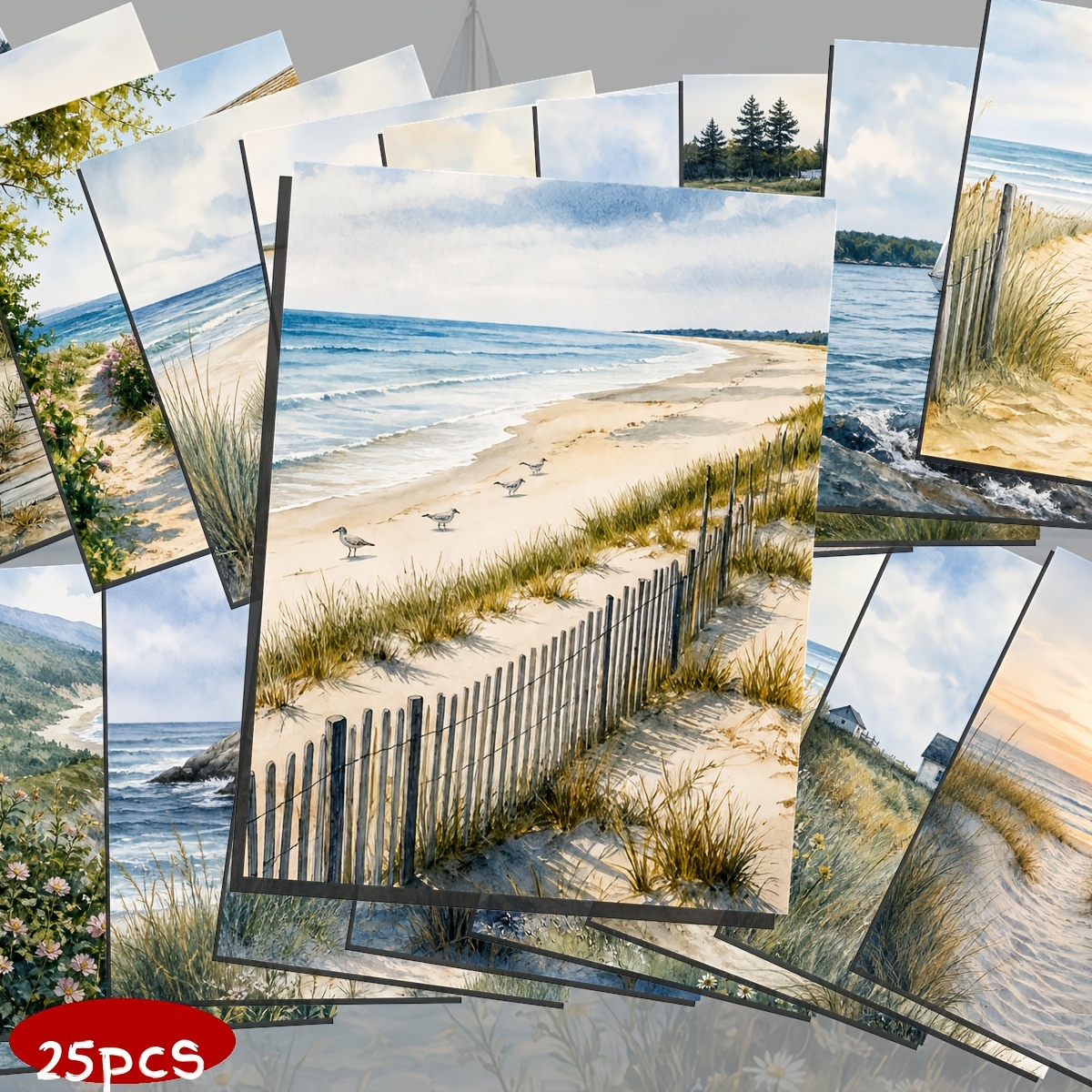 TEMU 25pcs Coastal Scenery Postcard Set, Watercolor Paintings, Suitable For Writing On Cardboard, Smooth Surfaces, Scrapbooks, Junk Journals, Crafts,