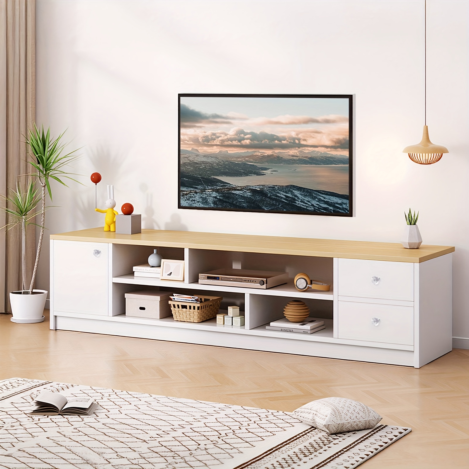 Image of Scandinavian Tv Stand 140×30cm, 1 Door, 2 Drawers, And 4 Open Shelves, White And Wood Tv Cabinet, For Living Room Or Bedroom