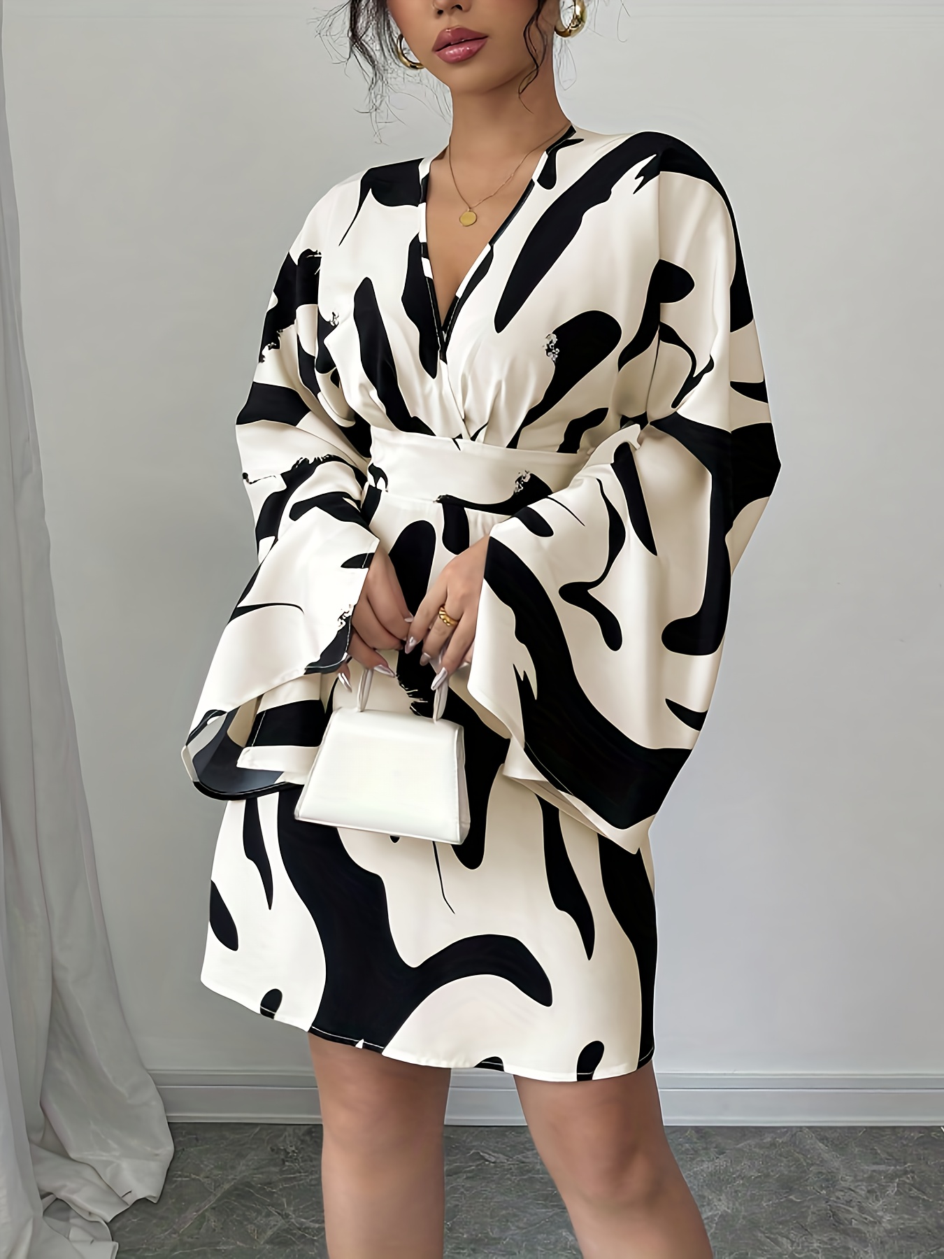 a line black and white dress WEDTREND Women Black and White Mother of the Bride Dress with Appliques A  Line V Neck Satin Midi Wedding Guest Dress – Wedtrend UK main image 0