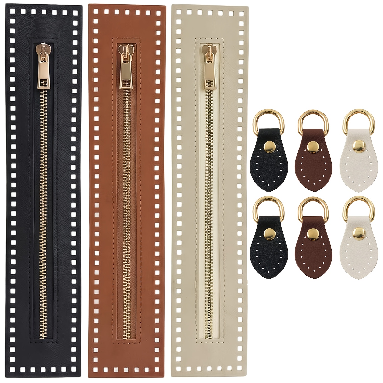 TEMU 3+6 piezas Cremallera de cuero sintético para bolsos con gancho de montaje para correa de bolso, cremalleras de ganchillo de 10.6 pulgadas con