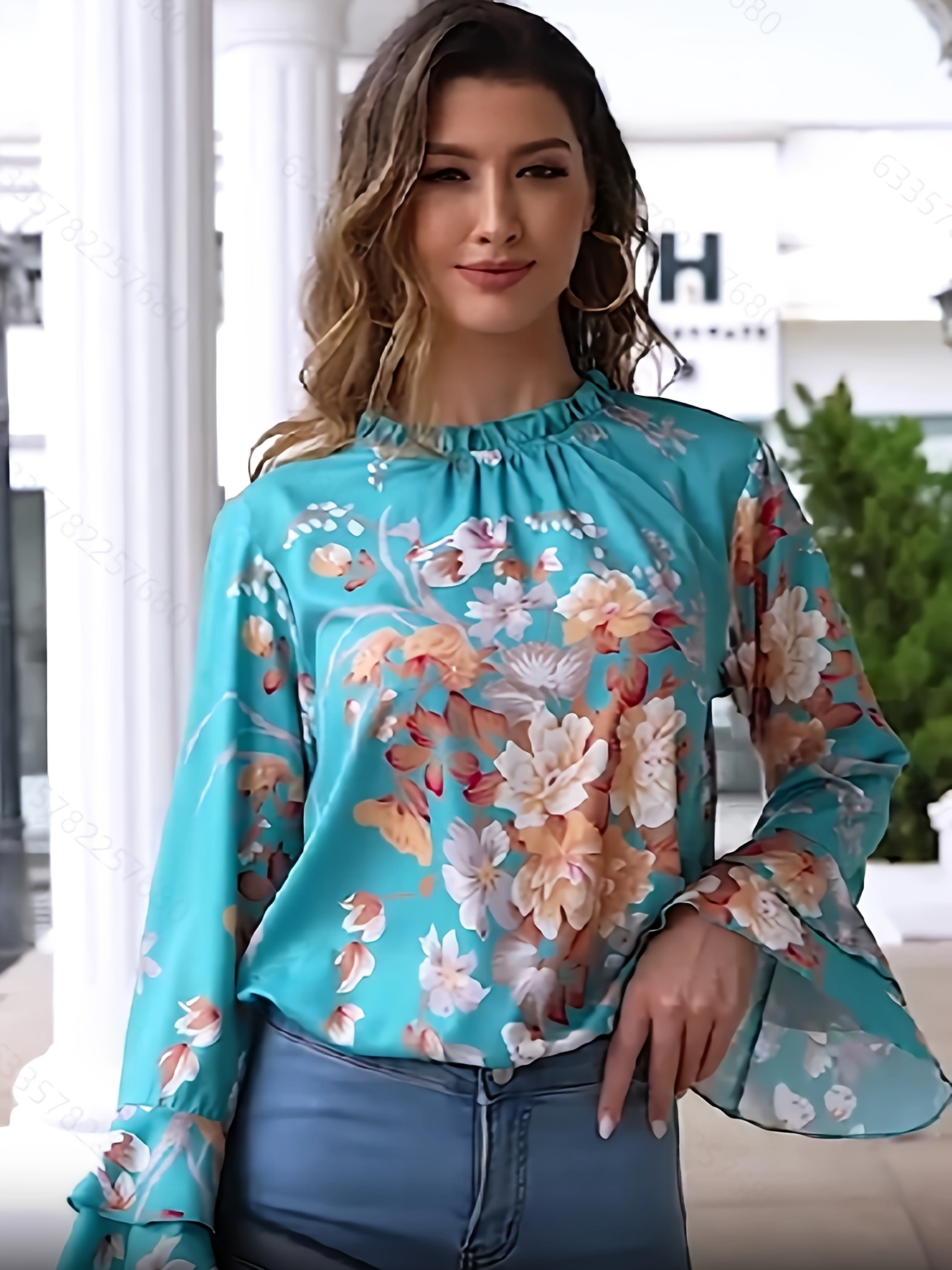 Camisa estampada floral de gola alta para mulheres, blusas casuais