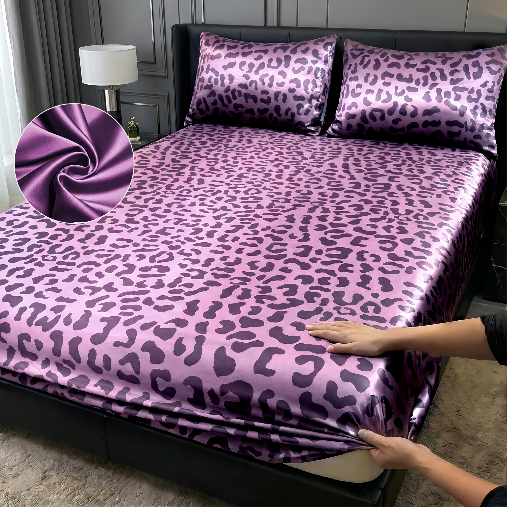 TEMU 2/3pcs Leopard Print Satin Fitted Sheet Set, Fashionable And Comfortable Deep Pocket Breathable Bedding, Bedroom Decoration., 1 Fitted Sheet + 2