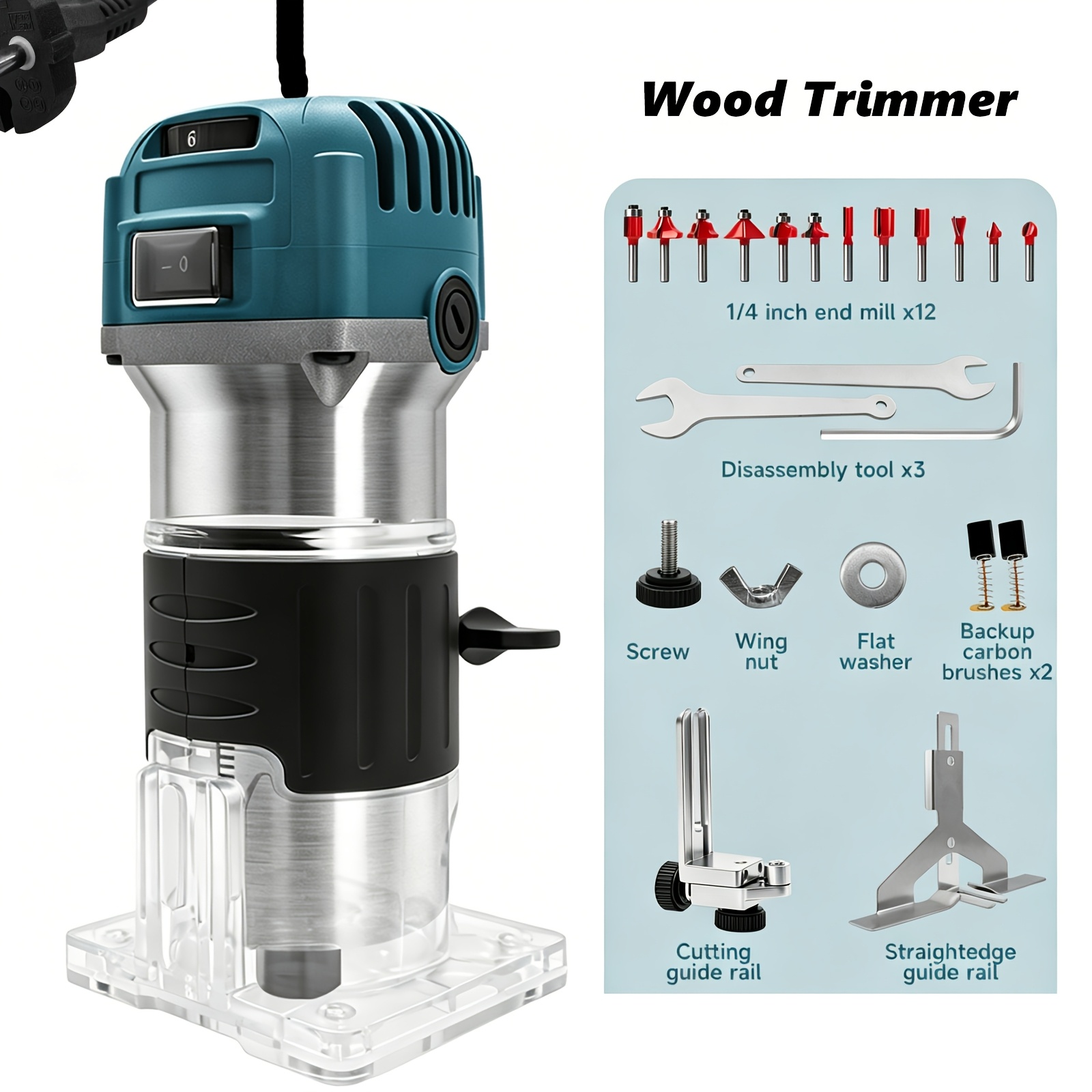 Electric Wood Trimmer, Powerful Handheld Wood Router With Multiple Router Bits, Multifunctional Cutting Carving Tool With Straight Edge Guide For Woodworking, Furniture Making And Diy Projects
