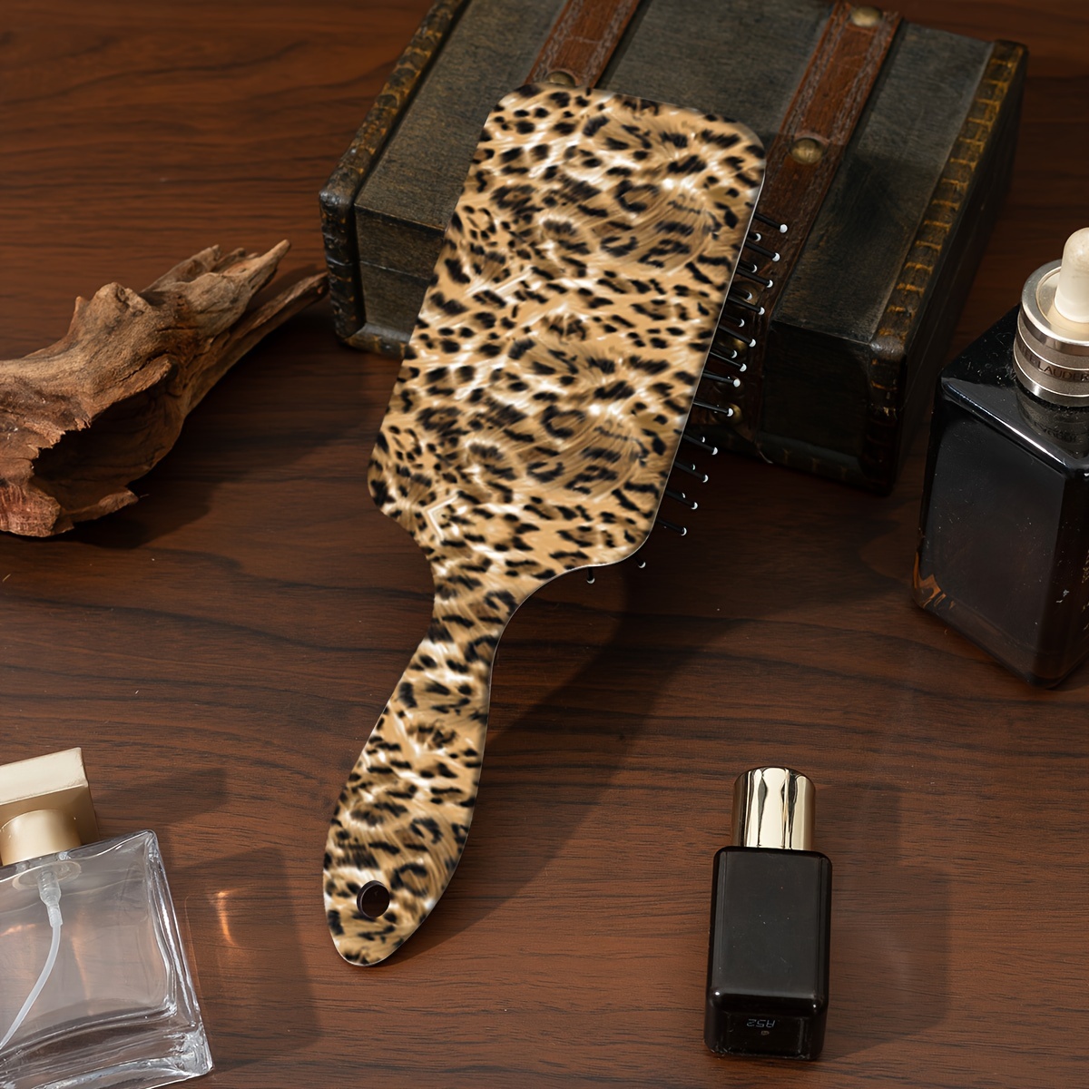 TEMU Chic Leopard Print Comb - Large, Durable Plastic & Rubber Bristles For All Hair Types - Portable & Stylish