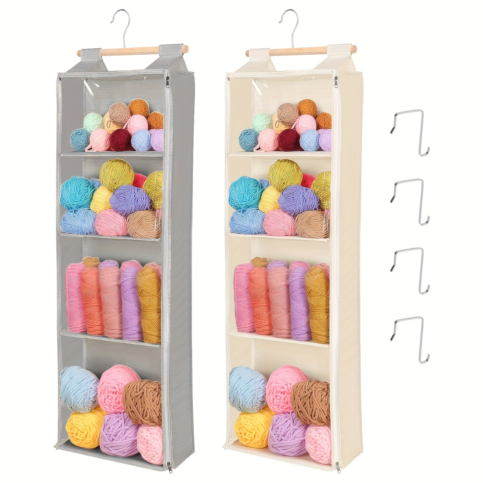 TEMU Wall-mounted Yarn Organizer With 4 Large Transparent Pockets, Storage Bag With Fully Enclosed Zipper, Over-the-door Hook For, Yarn Storage