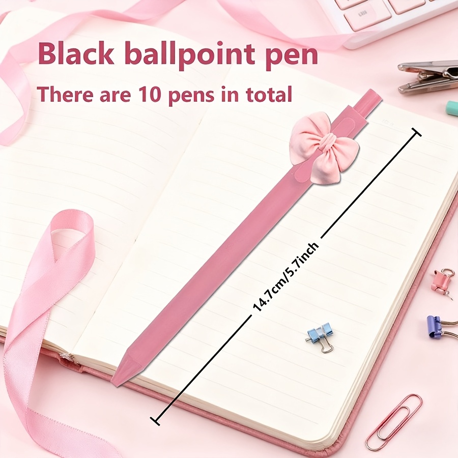 Image of 10-pack Bow Ballpoint Pens - Retractable 0.5mm, Smooth Writing, Cute , Pink, Ideal For School, Office, Journaling, And Gifting, School Writing Tools | Pen Design | Pink-themed Items