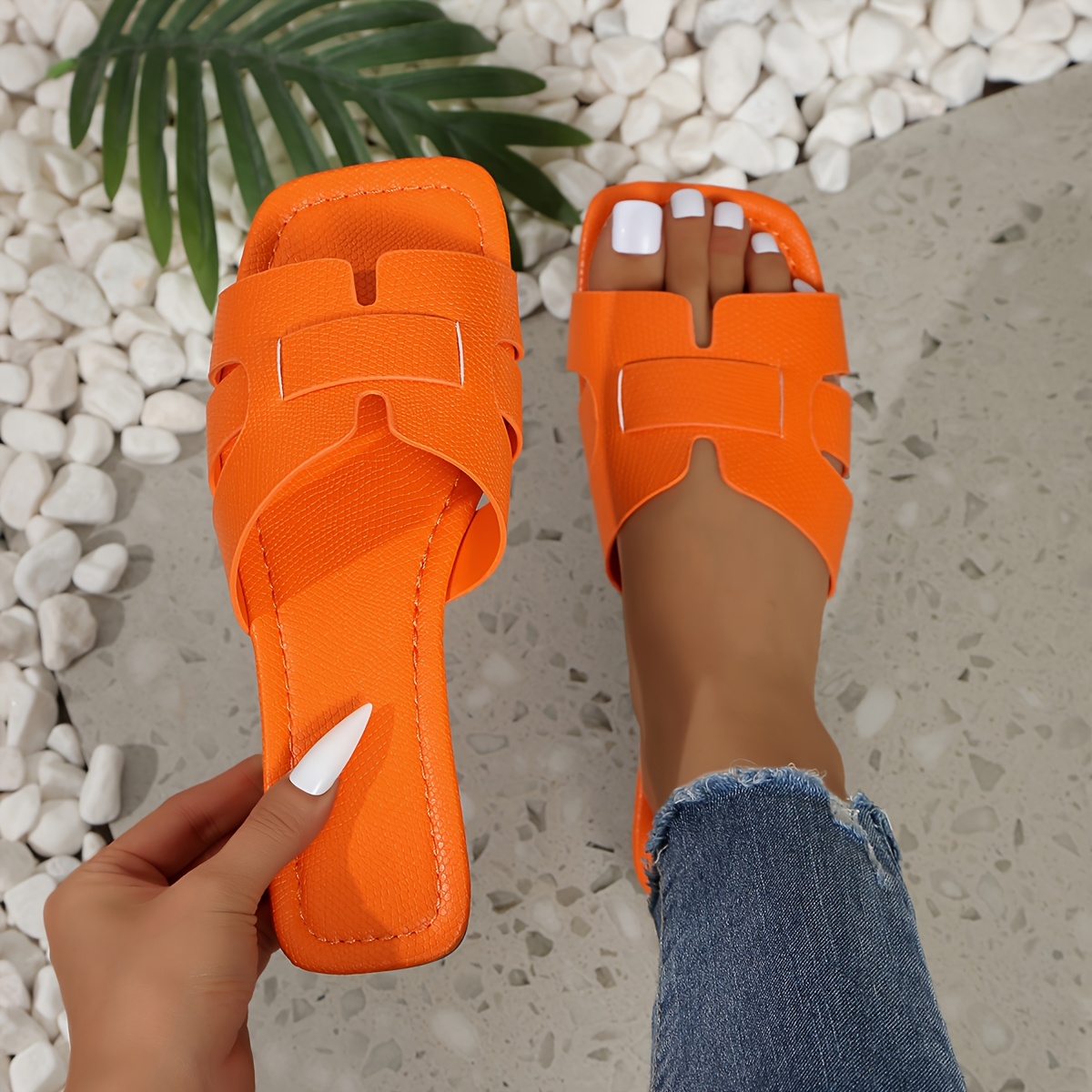 Women'S Flat Sandals - Colorful Square Toe Slip-On Shoes with Faux Cover Upper & Sole, Casual Summer Monogram Footwear in White, Pink, Yellow, Blue, Green & More, Everyday Sandals | Square Toe Design | Synthetic Cover Sandal